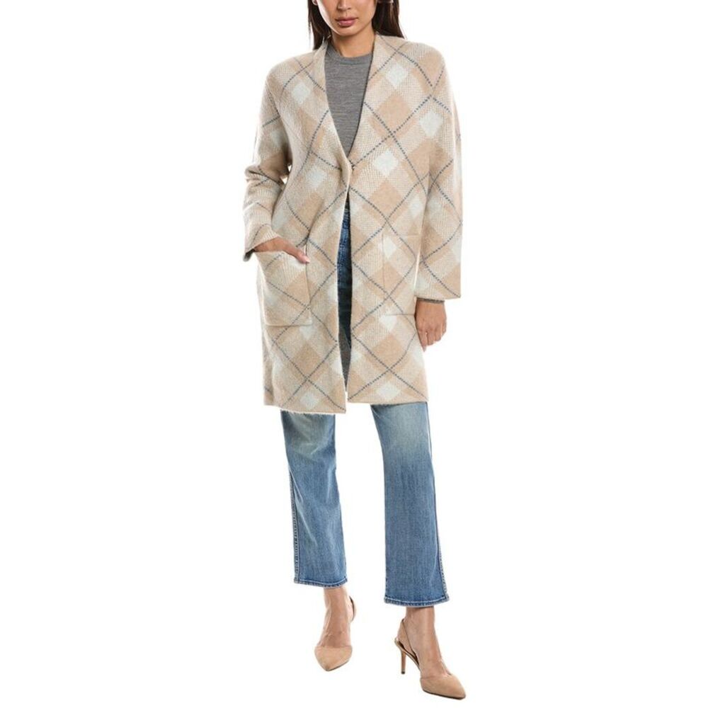 Forte Cashmere Womens  Bias Plaid Alpaca-Blend Cardigan, Green